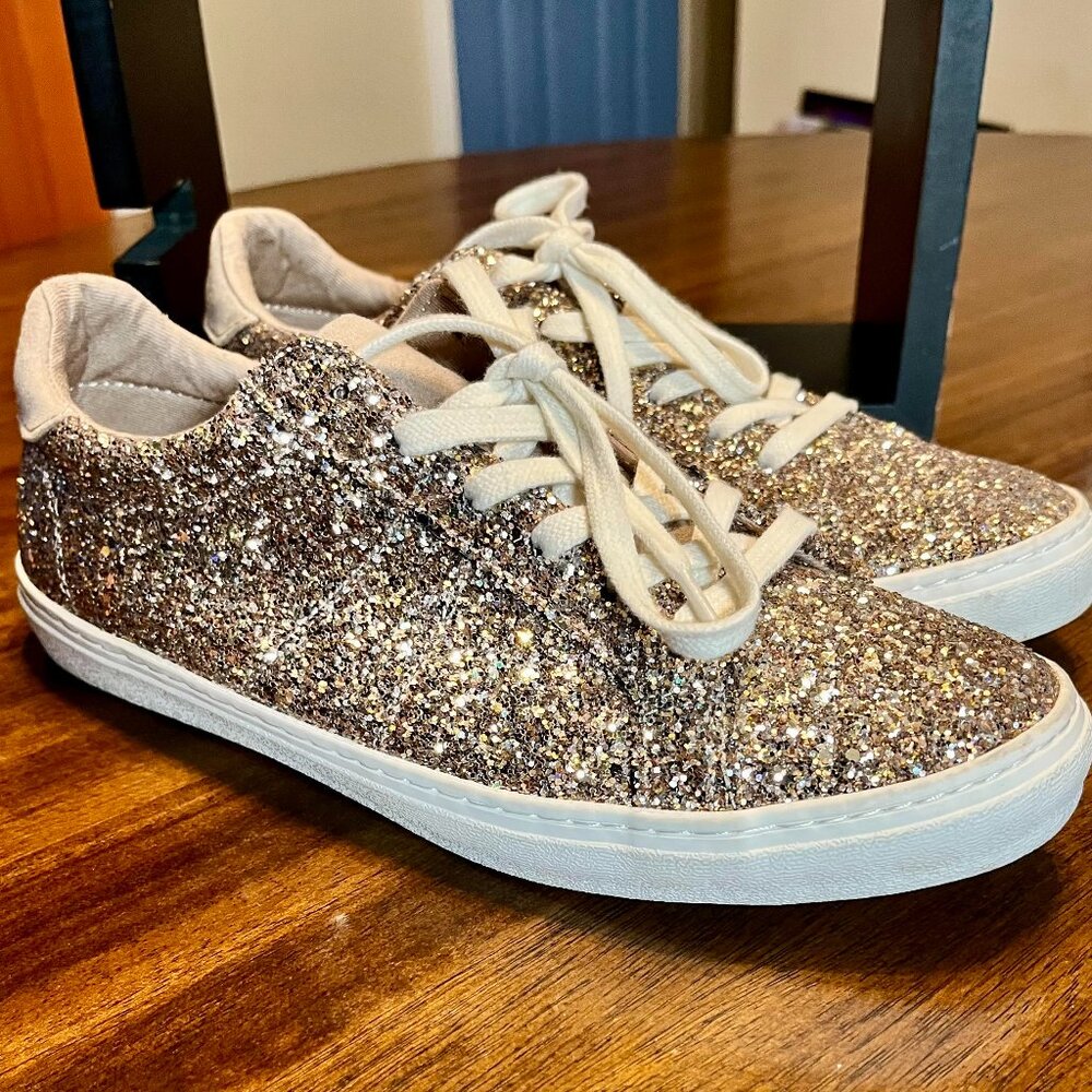 Old Navy Glitter Taupe Bronze Lace Up1 Court Sneakers Size 8